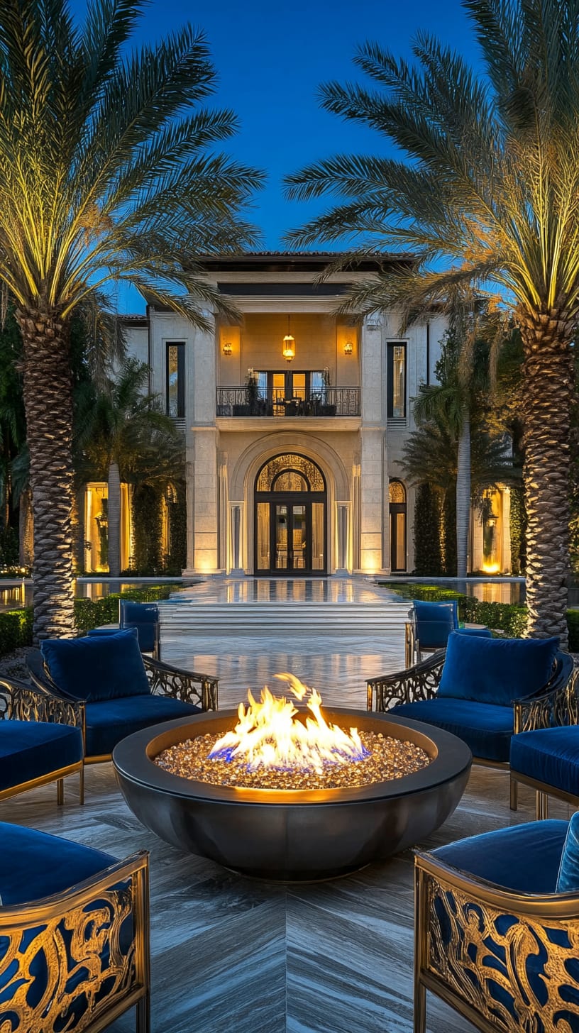 A luxurious outdoor fire pit surrounded by palm trees and blue velvet chairs in front of an opulent mansion at night.