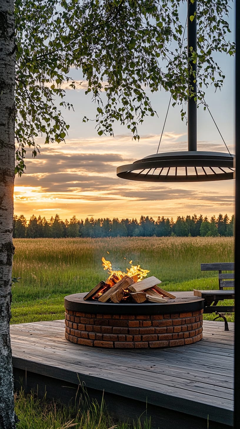 A round brick fire pit on a wooden terrace surrounded by trees and meadows at sunset, with a modern suspended umbrella above it.