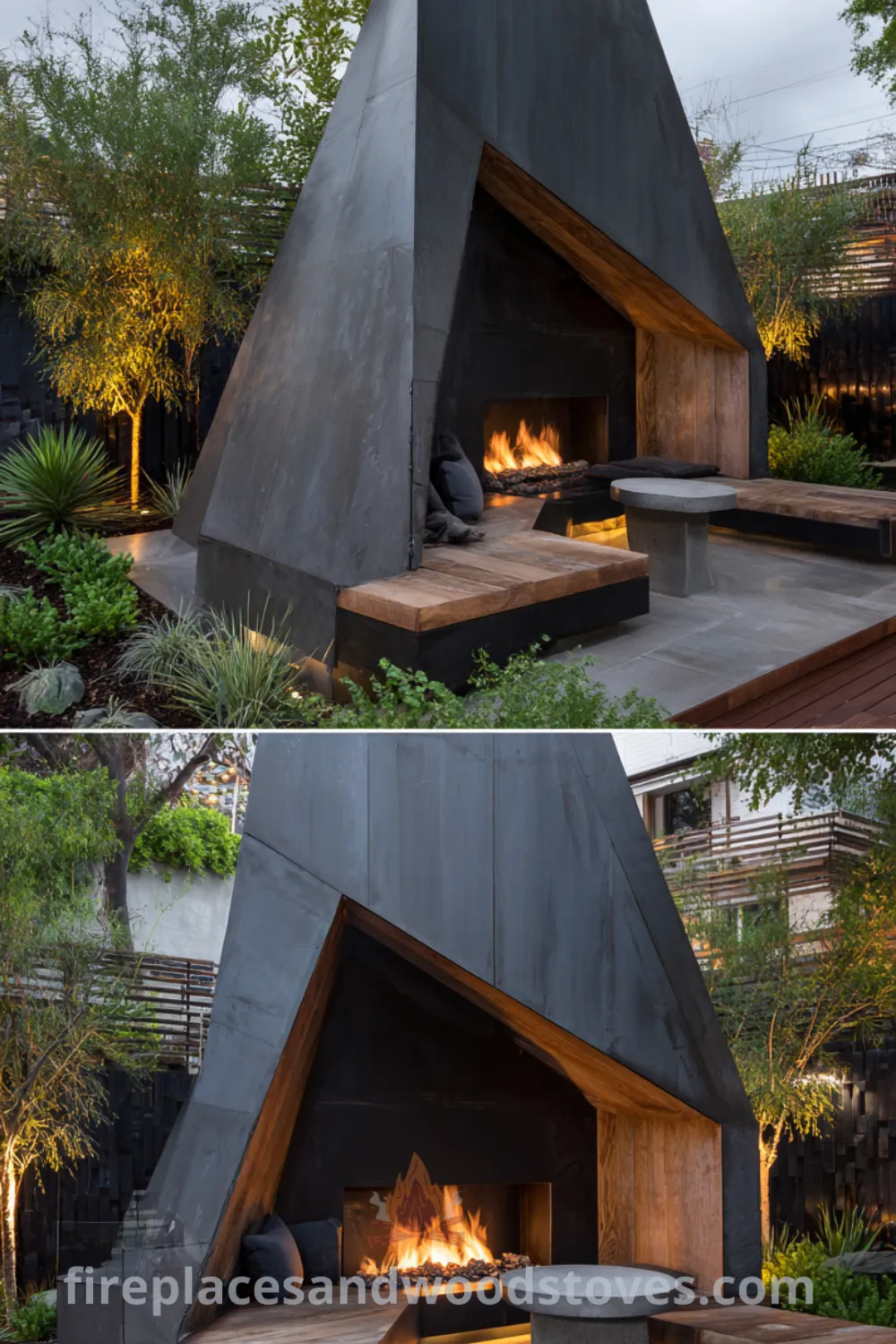 Modern outdoor mid century corner fireplace with dark grey steel, natural wood accents, and low slung seating for cozy gatherings.