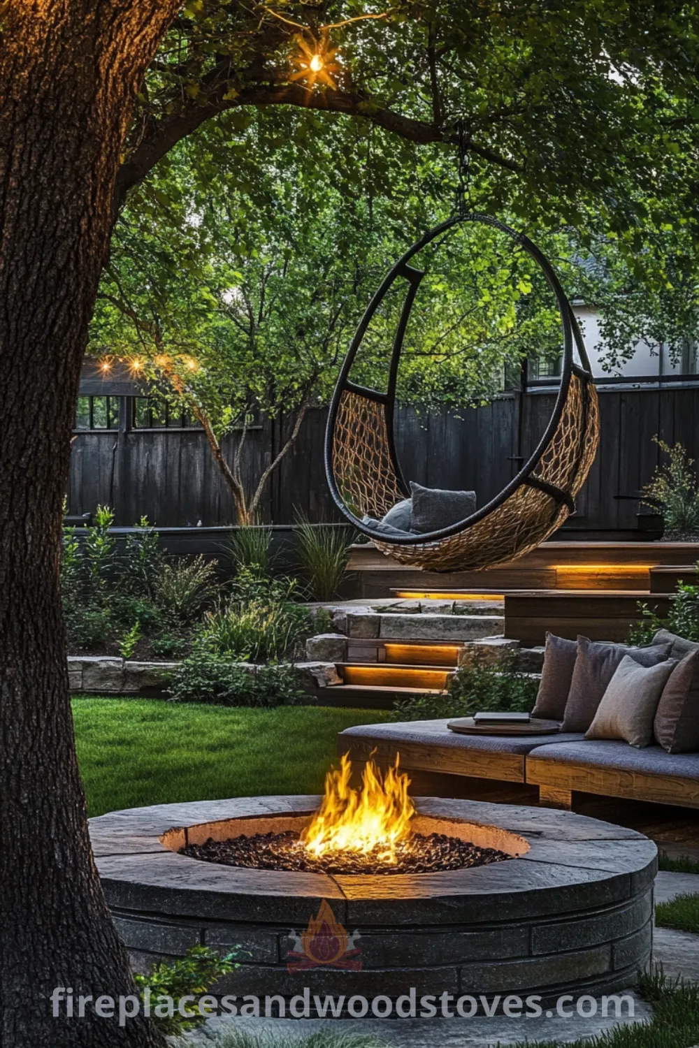 Backyard fire pit area on fireplacesandwoodstoves.com, featuring cozy ideas, fire pit seating, and decorative inspirations for a warm outdoor hangout area.