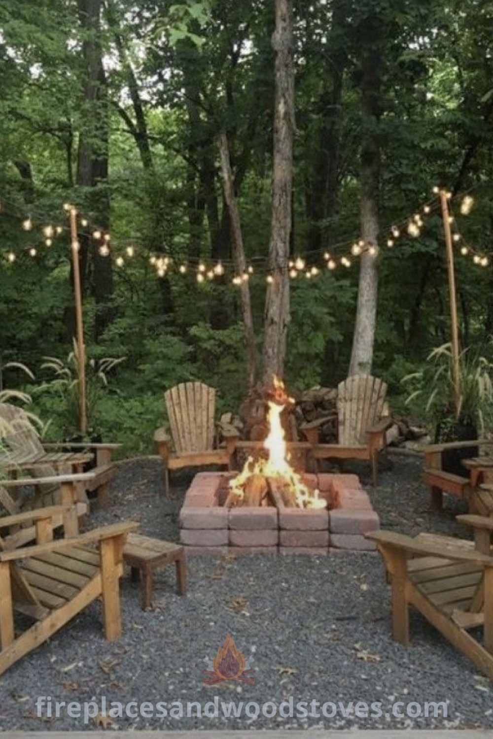 A rustic fire pit area surrounded by wooden chairs and warm lights, ideal for outdoor gatherings. Discover amazing garden ideas and stylish patio decor at patioandhomefurniture.com.