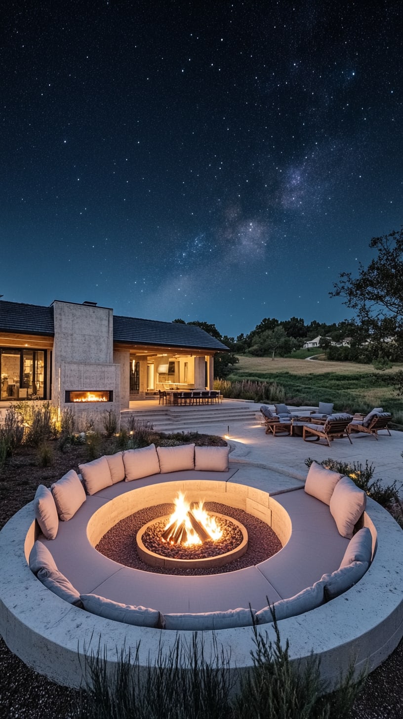 A modern circular fire pit surrounded by seating, with a backdrop of rolling hills and a starry sky at night, creating an inviting atmosphere for socializing.
