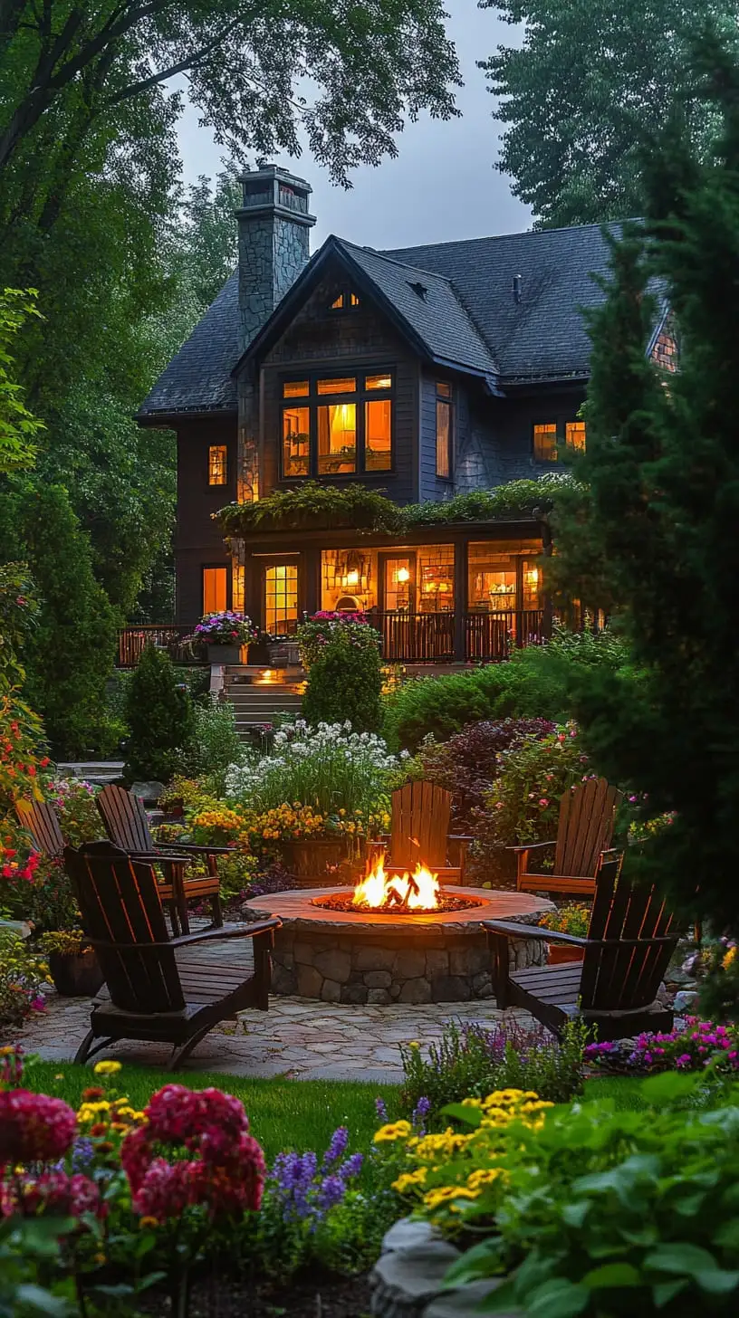 A cozy outdoor retreat featuring a fire pit surrounded by chairs and vibrant flowers, illuminated by warm evening light.