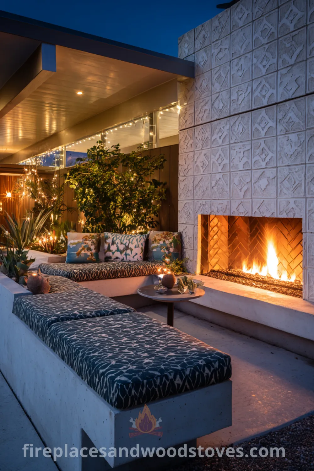 Stylish mid century modern patio with a sleek outdoor corner fireplace, vintage-inspired cushions, and inviting ambiance for social gatherings.