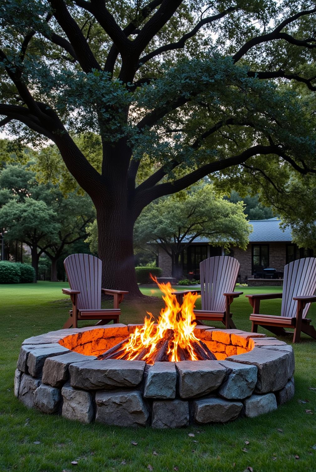 Weathered stone fire pit beneath an ancient oak tree in a cozy backyard setting, with flickering flames, rustic jagged stones, and mismatched chairs inviting companionship, creating a unique and inviting atmosphere for outdoor gatherings, featured on fireplacesandwoodstoves.com.