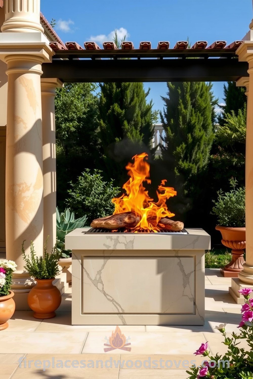 Neoclassical marble outdoor barbecue surrounded by tall columns, flames flickering from the grill, lush greenery, terracotta pots, and blooming flowers creating an inviting dining atmosphere. Visit fireplacesandwoodstoves.com for inspiring decor ideas for your home.