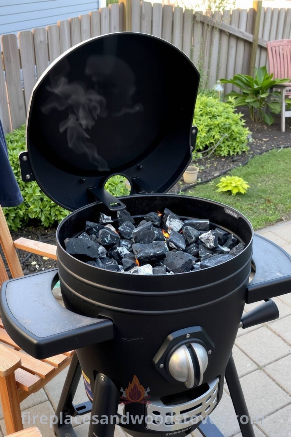 Charcoal barbecue on a small backyard patio with cozy wooden furniture, warm glowing coals, and a relaxing ambiance under the evening light, offering inspiring decor ideas for outdoor gatherings at fireplacesandwoodstoves.com.