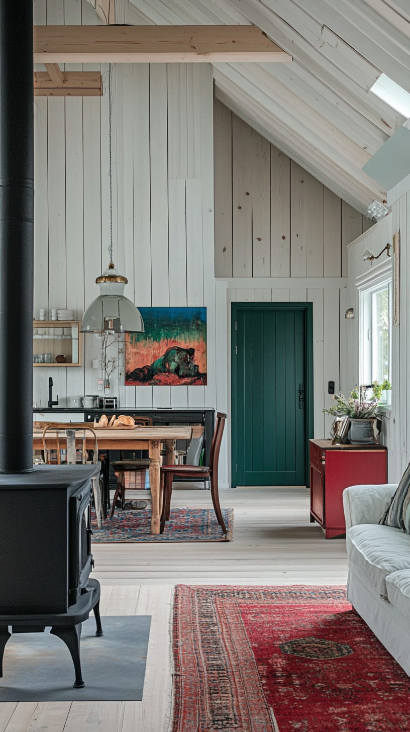 A cozy Scandinavian farmhouse interior featuring white paneling, wooden beams, a large dining table, a wood-burning stove, a green door, colorful rugs, and stylish furniture, illuminated by natural light.