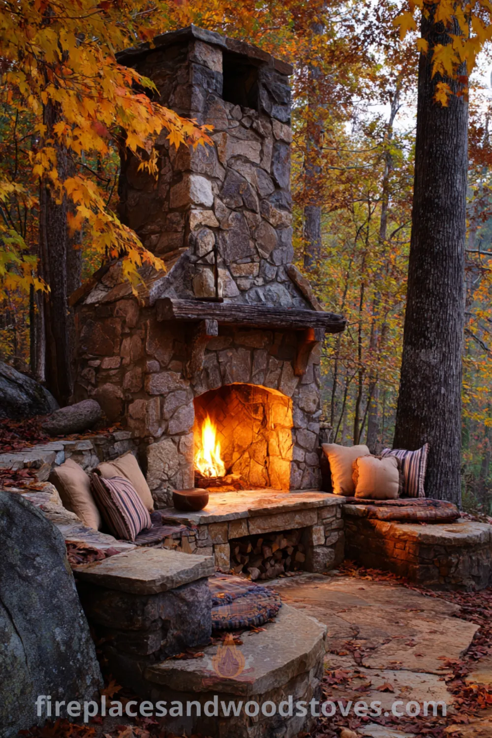 Rustic outdoor fireplace with natural stone seating, reclaimed wood mantel, autumn leaves, and warm fire glow ambiance.
