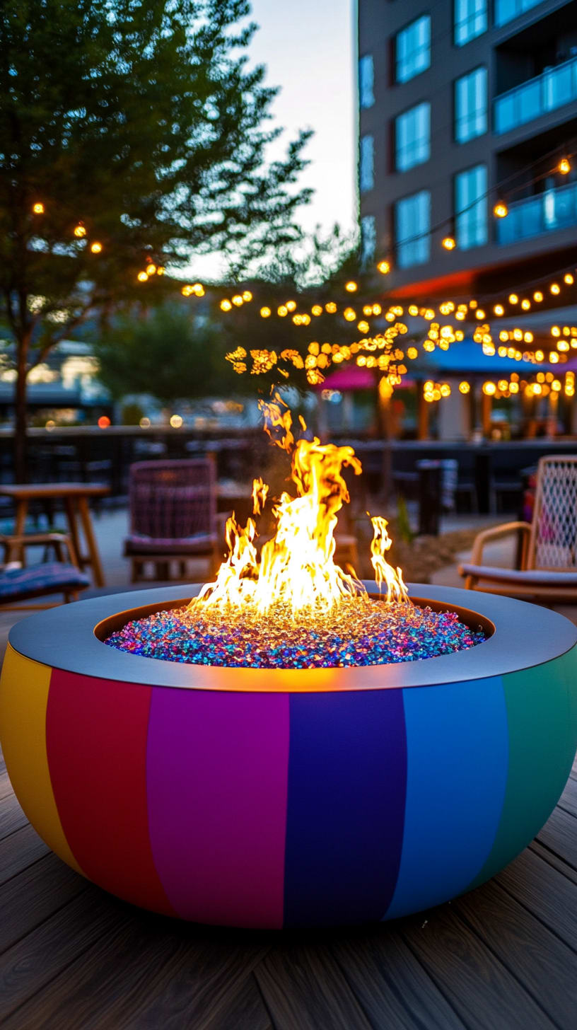 A rainbow-striped fire bowl on an outdoor patio surrounded by colorful lights, creating a lively and inviting atmosphere for social gatherings.