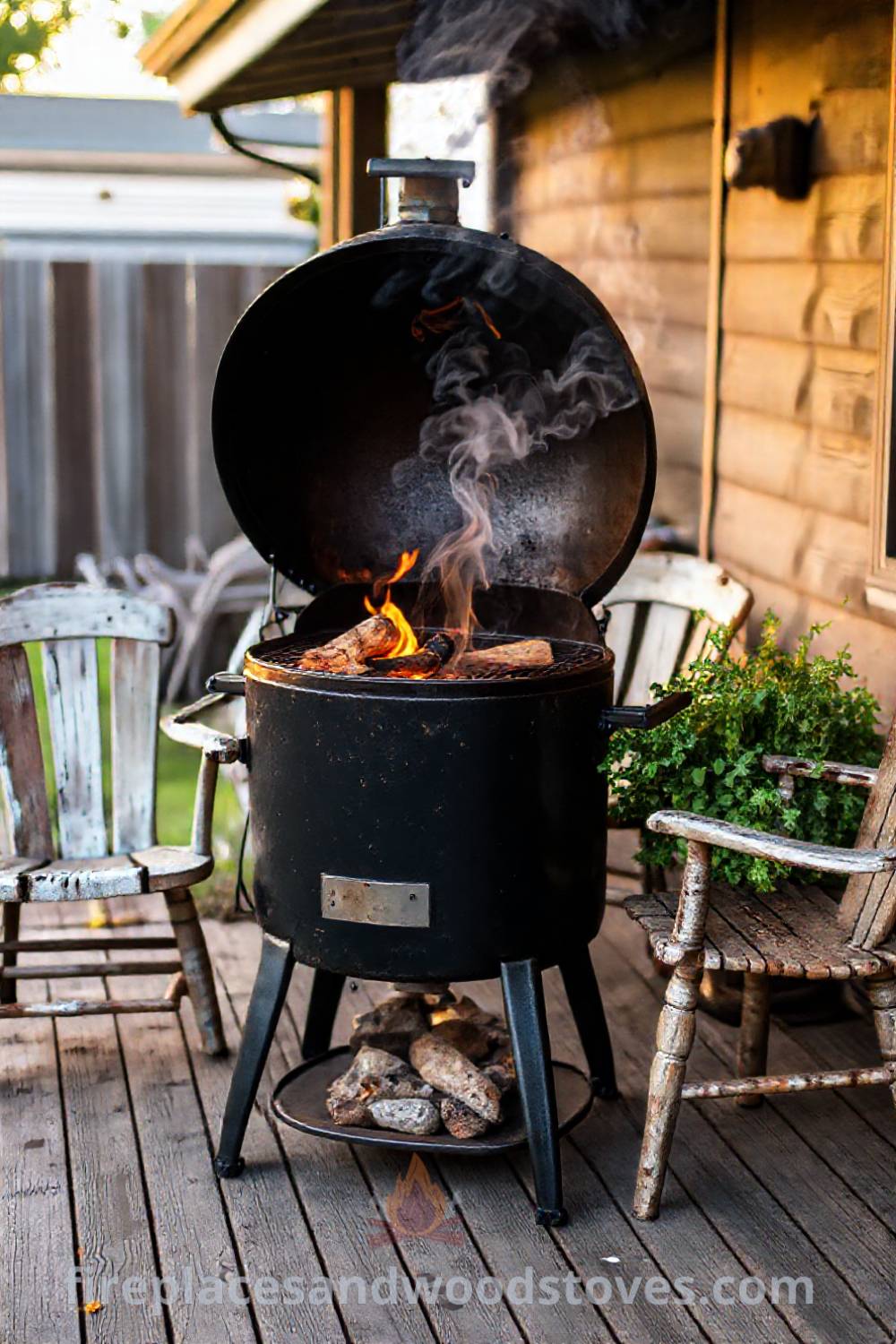 Sturdy barbecue smoker on a weathered wooden patio, surrounded by mismatched chairs and fresh herbs, creating a cozy outdoor space ideal for summer gatherings. Visit patioandhomefurniture.com for ideas that will wow your guests and transform your backyard.