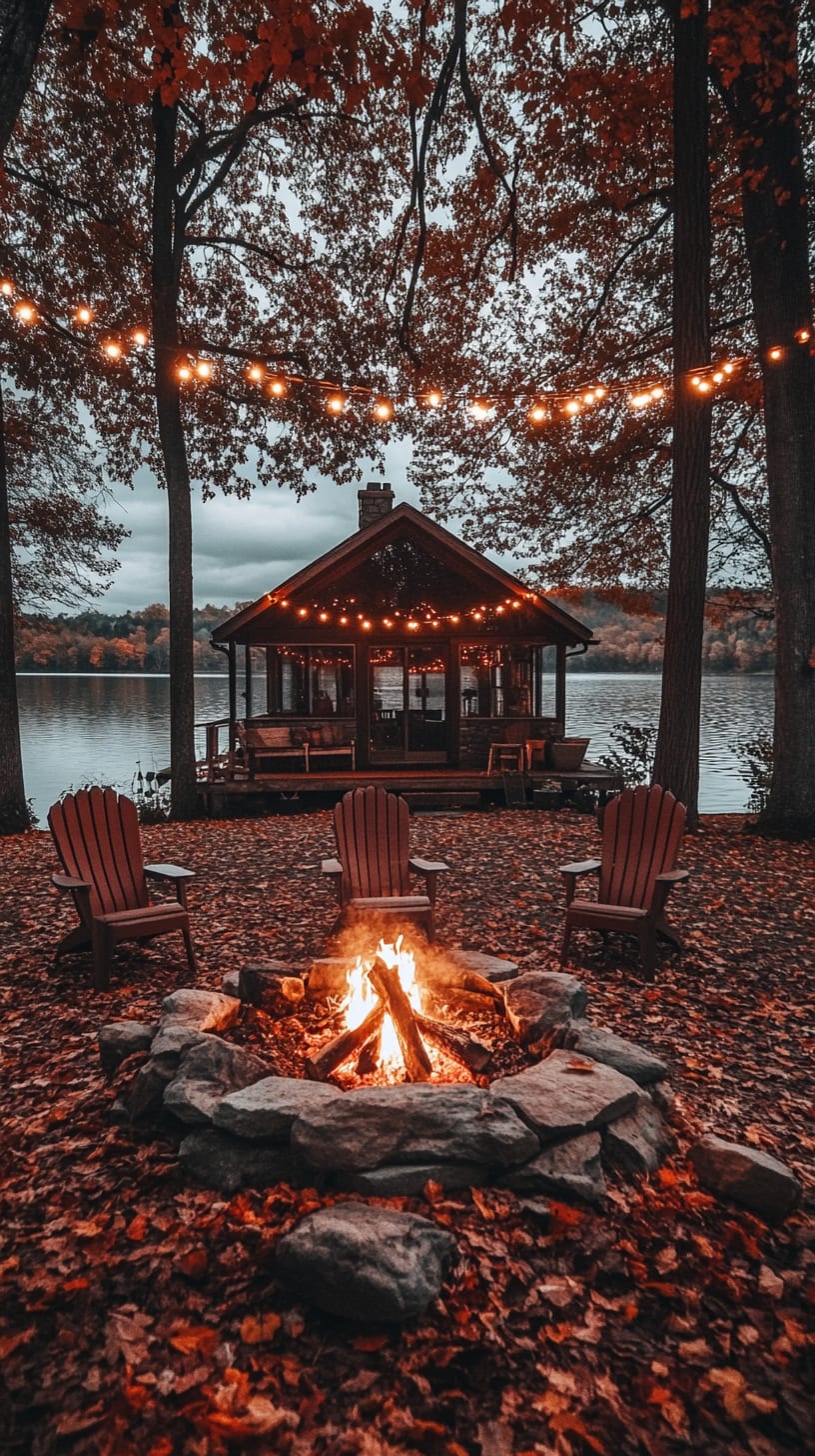 A picturesque autumn lakeside scene featuring a cozy fire pit surrounded by chairs, with a wooden cabin and twinkling string lights in the backdrop of colorful autumn leaves.