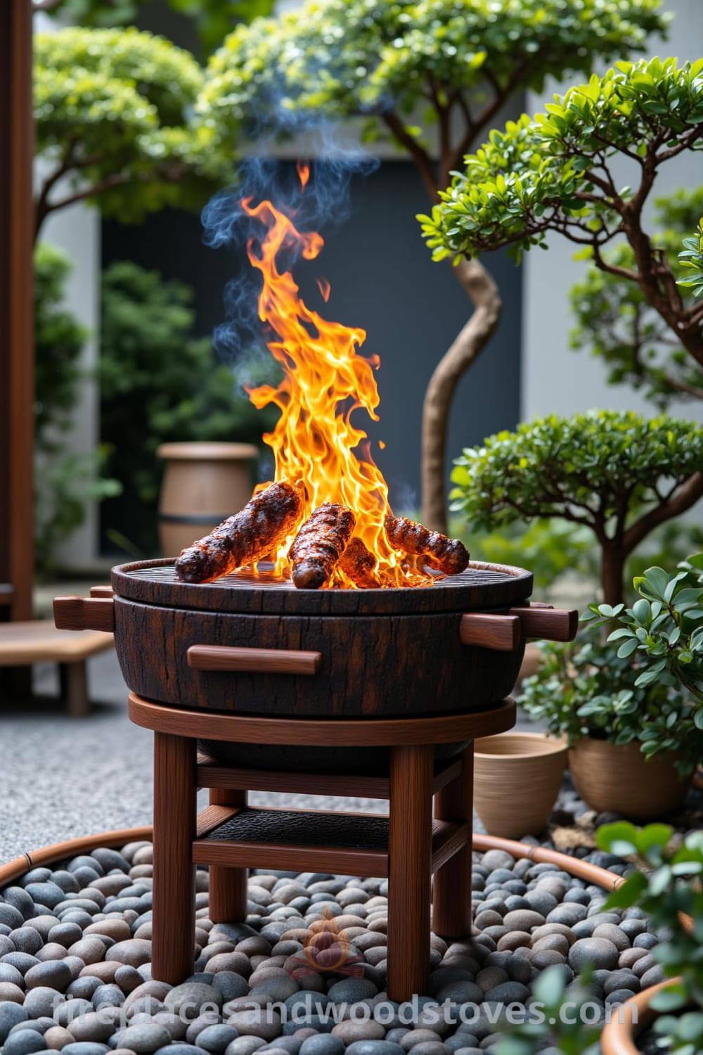 Japanese Zen outdoor barbecue set in a serene garden with smooth pebbles, warm dancing flames, and bamboo accents, highlighting cozy decor ideas for your home at fireplacesandwoodstoves.com.