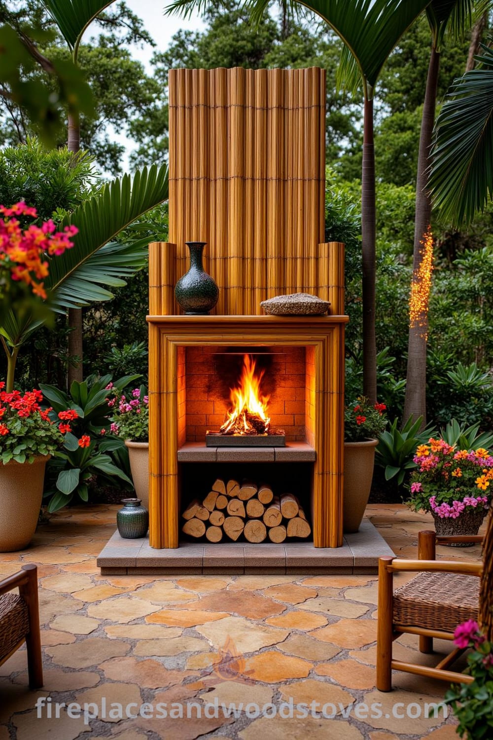 Tropical bamboo barbecue fireplace in a lush outdoor setting surrounded by palm fronds and flowers, creating a cozy gathering space illuminated by warm flames, ideal for outdoor entertaining and inspired design ideas. Visit fireplacesandwoodstoves.com for more cozy home inspirations.