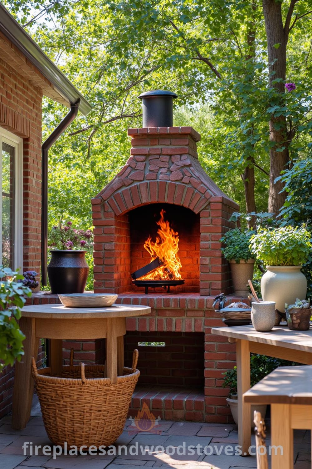 Traditional brick outdoor barbecue on a sun-drenched patio, featuring lively flames, surrounded by potted herbs and a wooden table with grilling tools, creating a cozy atmosphere perfect for summer gatherings, showcasing unique ideas for your home at fireplacesandwoodstoves.com.