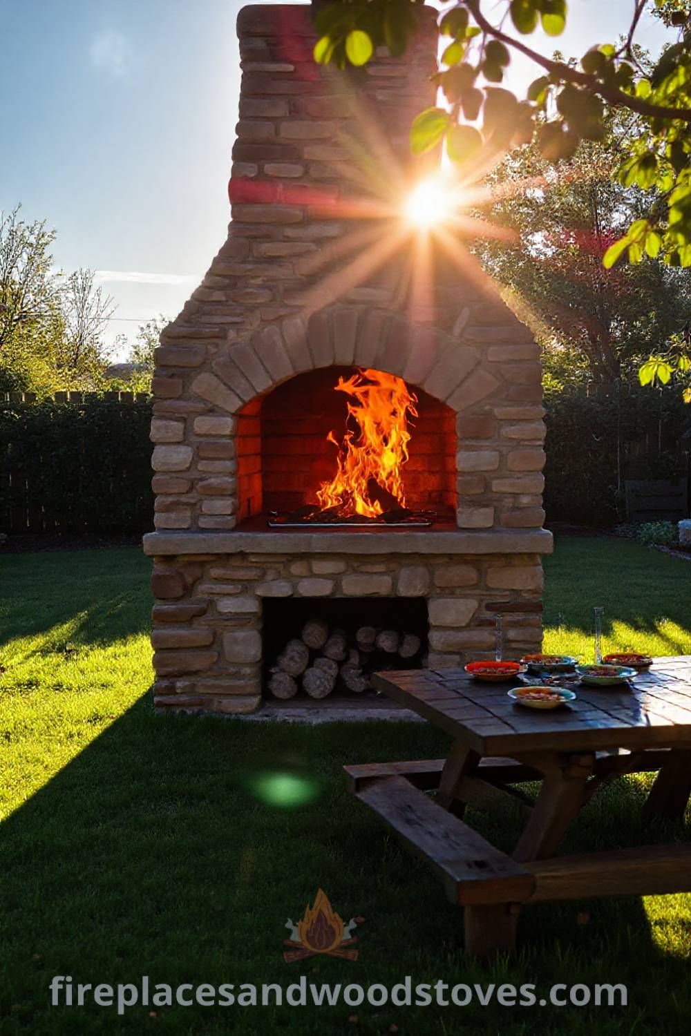 Stone BBQ oven in a sunlit backyard with a wooden picnic table set with colorful dishes, creating a cozy outdoor gathering space filled with warmth and inviting aromas. Visit patioandhomefurniture.com for stylish backyard design ideas you