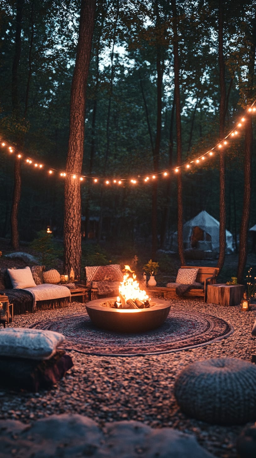 A charming outdoor scene featuring a cozy fire pit surrounded by comfortable seating, cushions, and fairy lights, all set in a tranquil wooded area at night.