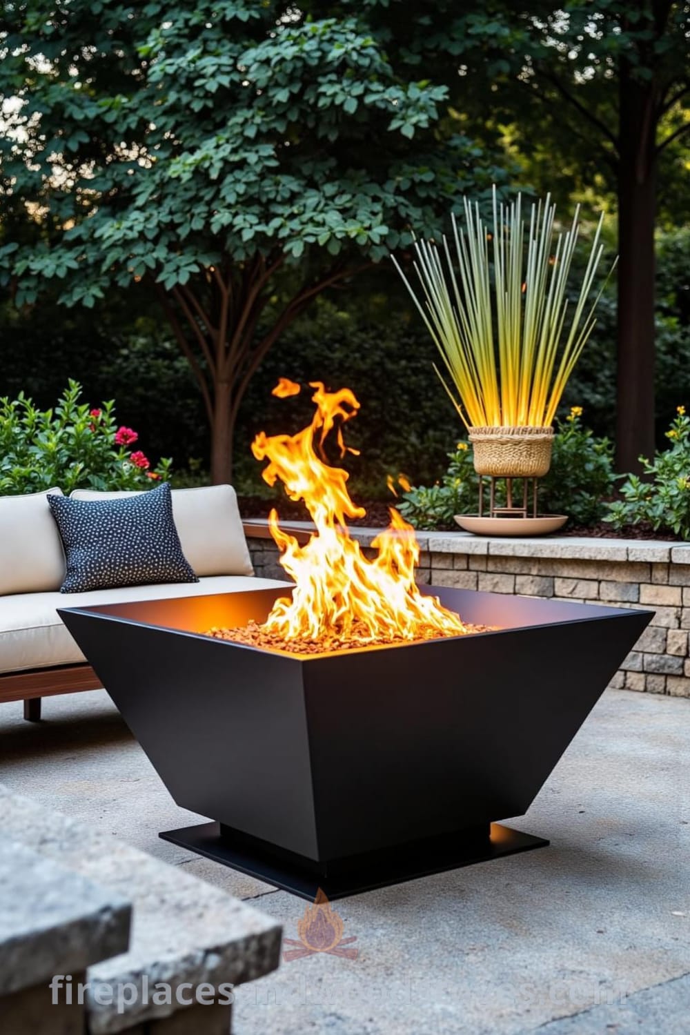 Art Deco fire pit in a stylish patio surrounded by soft stone textures, with flickering flames casting warm light and shadows on nearby plants, accompanied by vintage lounge chairs, creating a cozy atmosphere for evening gatherings. Visit fireplacesandwoodstoves.com for unique decor ideas.