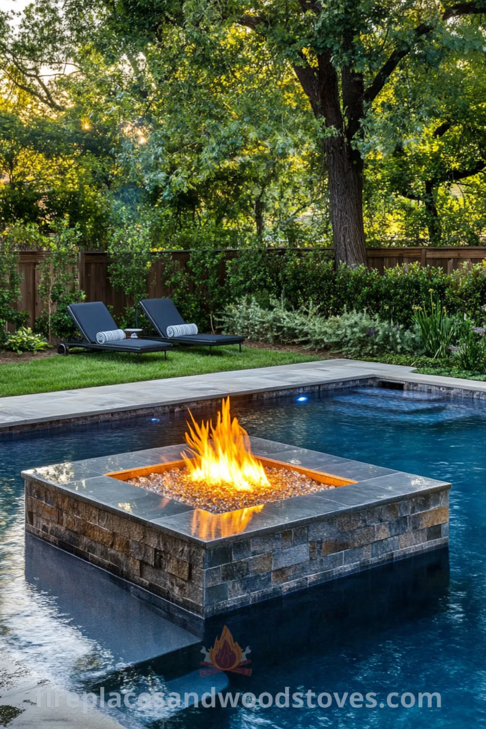 Charming poolside retreat showcasing an inground pool and fire pit area designed with cozy ideas for outdoor living on fireplacesandwoodstoves.com, highlighting unique backyard designs and pool patio ideas for a perfect entertainment area.
