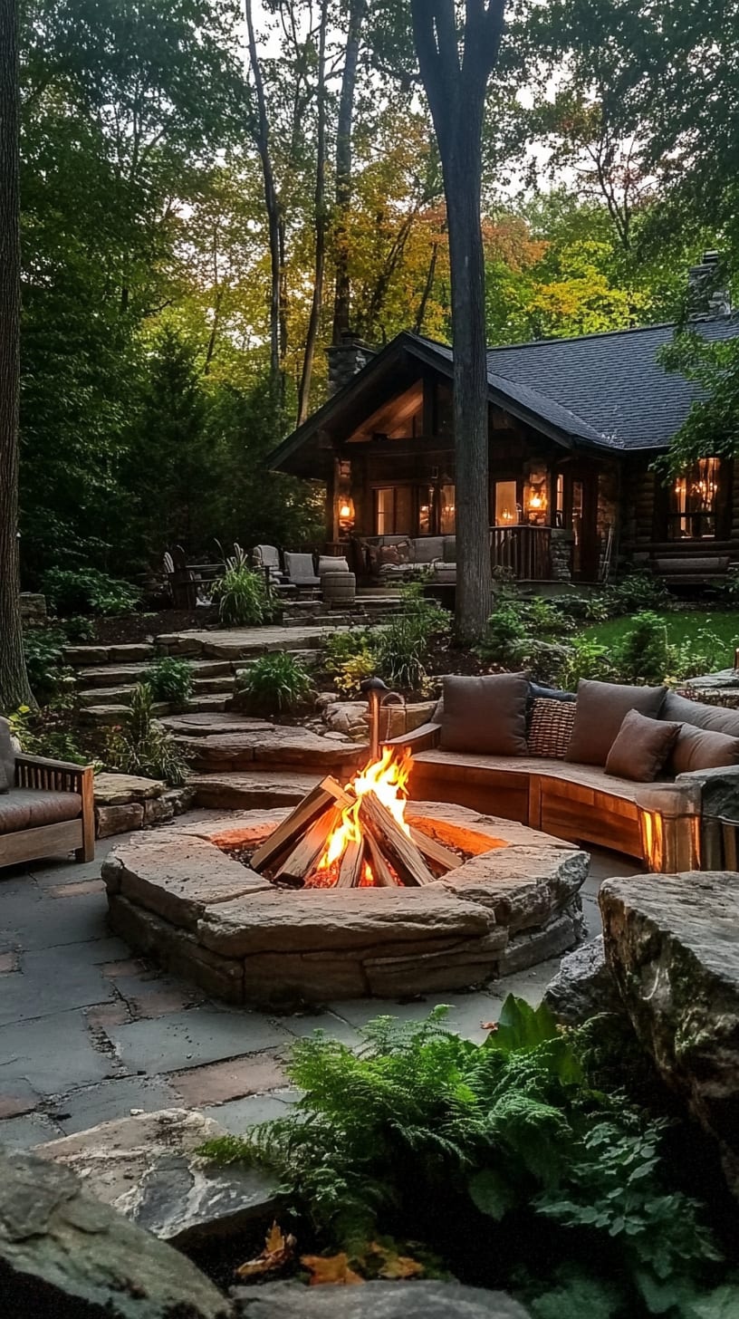 A rustic outdoor living area featuring a stone fire pit, surrounded by greenery and comfortable seating near a cozy cabin in the woods.