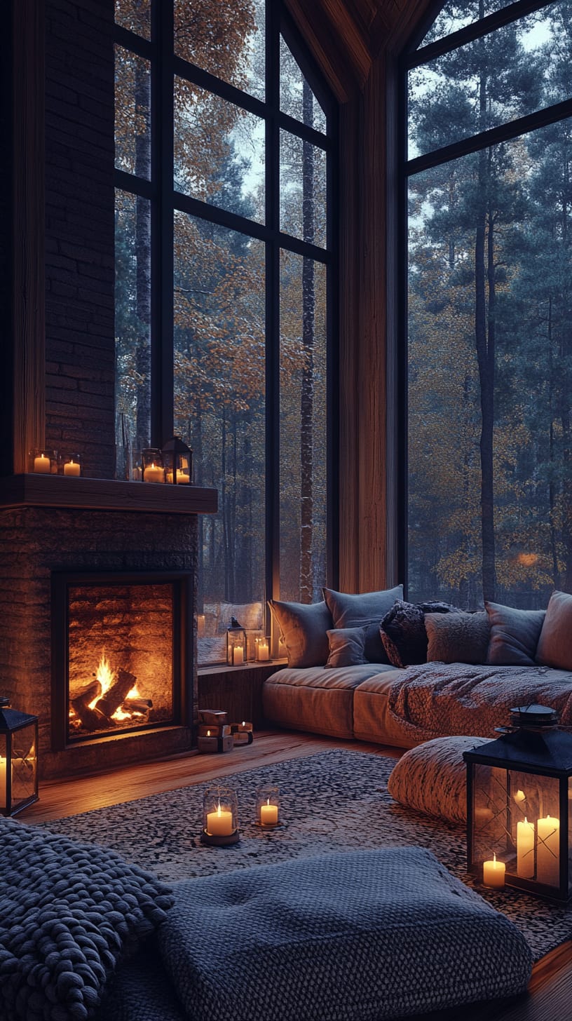 A cozy living room featuring large windows, a fireplace, and candles, surrounded by a forest at night, with soft pillows and blankets creating an inviting atmosphere.