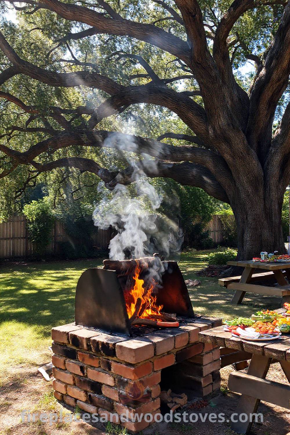 Rustic wood-fired barbecue beneath an oak tree in a sunlit backyard, featuring a brick base with charred soot and a picnic table full of fresh ingredients. Ideal outdoor inspiration for incredible ideas and cozy, stylish designs transforming your backyard. Visit patioandhomefurniture.com.