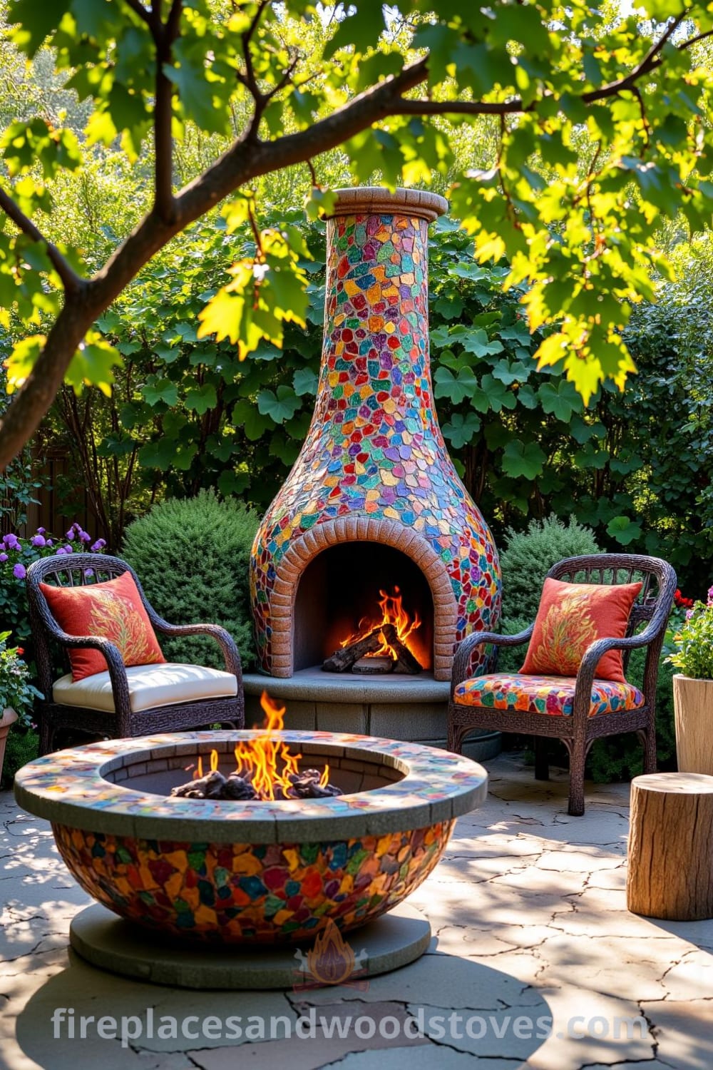 Bohemian mosaic firepit in a sun-dappled garden surrounded by mismatched chairs and wooden stumps, showcasing vibrant tiles catching the afternoon light, inviting friends to gather, with scents of fresh herbs wafting in, creating an inspiring and cozy outdoor retreat. Visit fireplacesandwoodstoves.com for unique decor ideas.