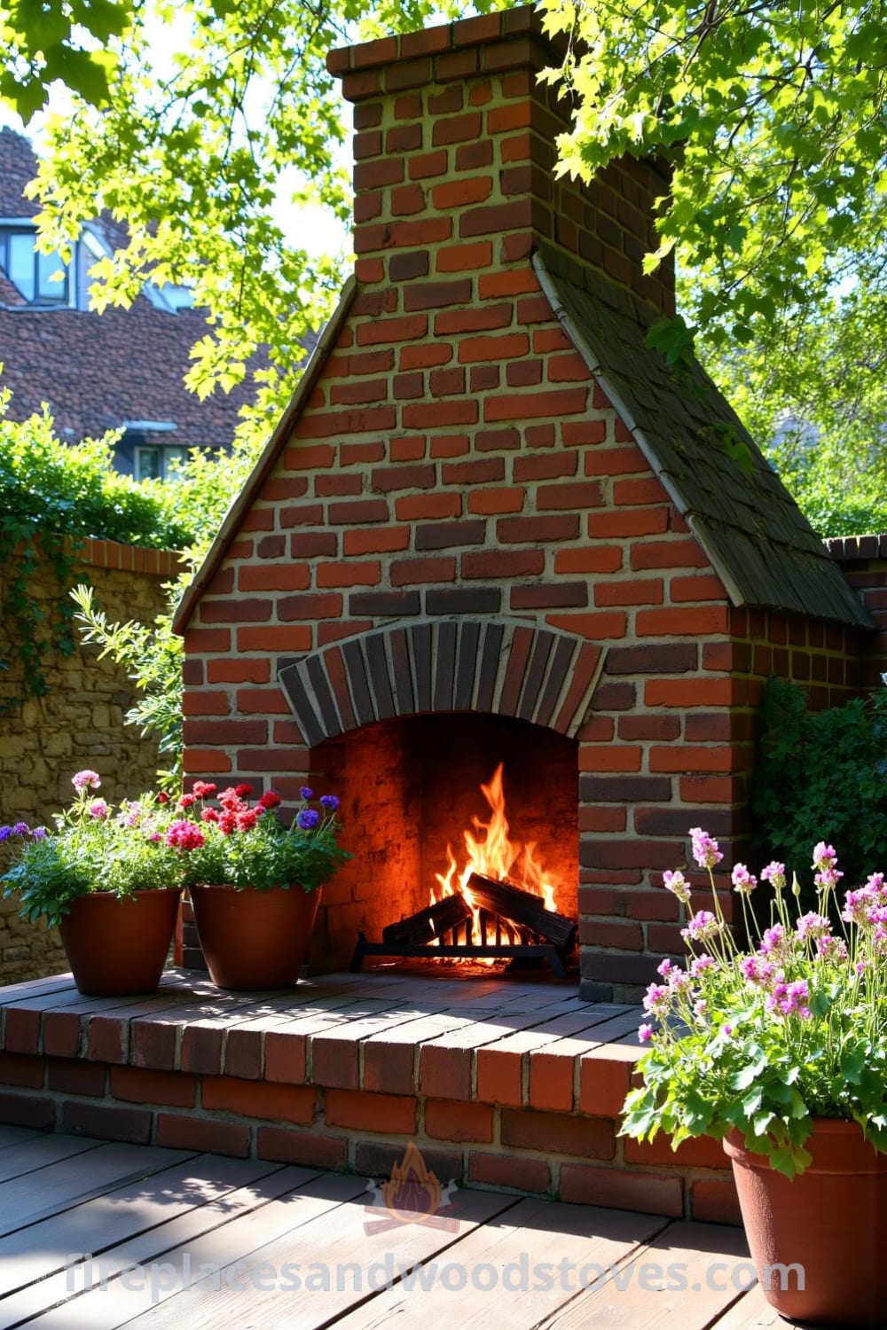 Tudor outdoor brick fireplace in a sun-dappled garden with flickering flames, surrounded by potted herbs and wildflowers, showcasing cozy ideas for outdoor living and design inspirations from fireplacesandwoodstoves.com.