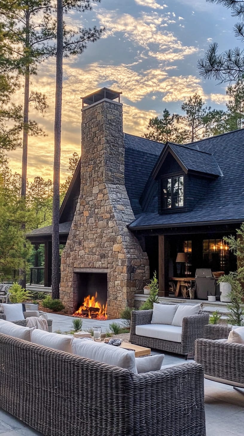 A rustic outdoor seating area featuring a large stone chimney, wicker furniture, and a black-roofed house surrounded by pine trees, all basking in a beautiful sunset sky.