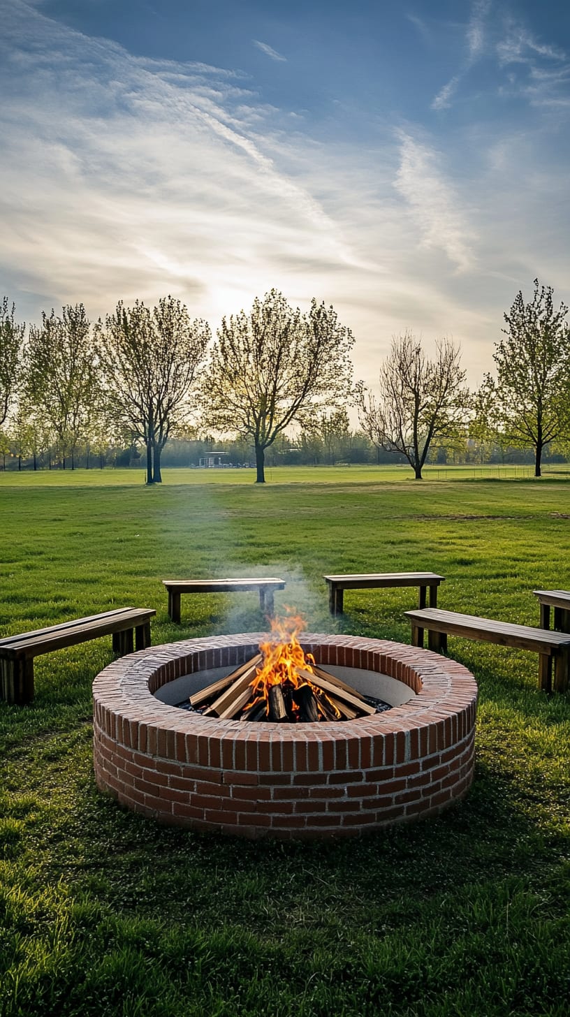 A large, round red brick fire pit surrounded by wooden benches in an open grassy field, with trees and a blue sky in the background, creating a cozy and inviting atmosphere.