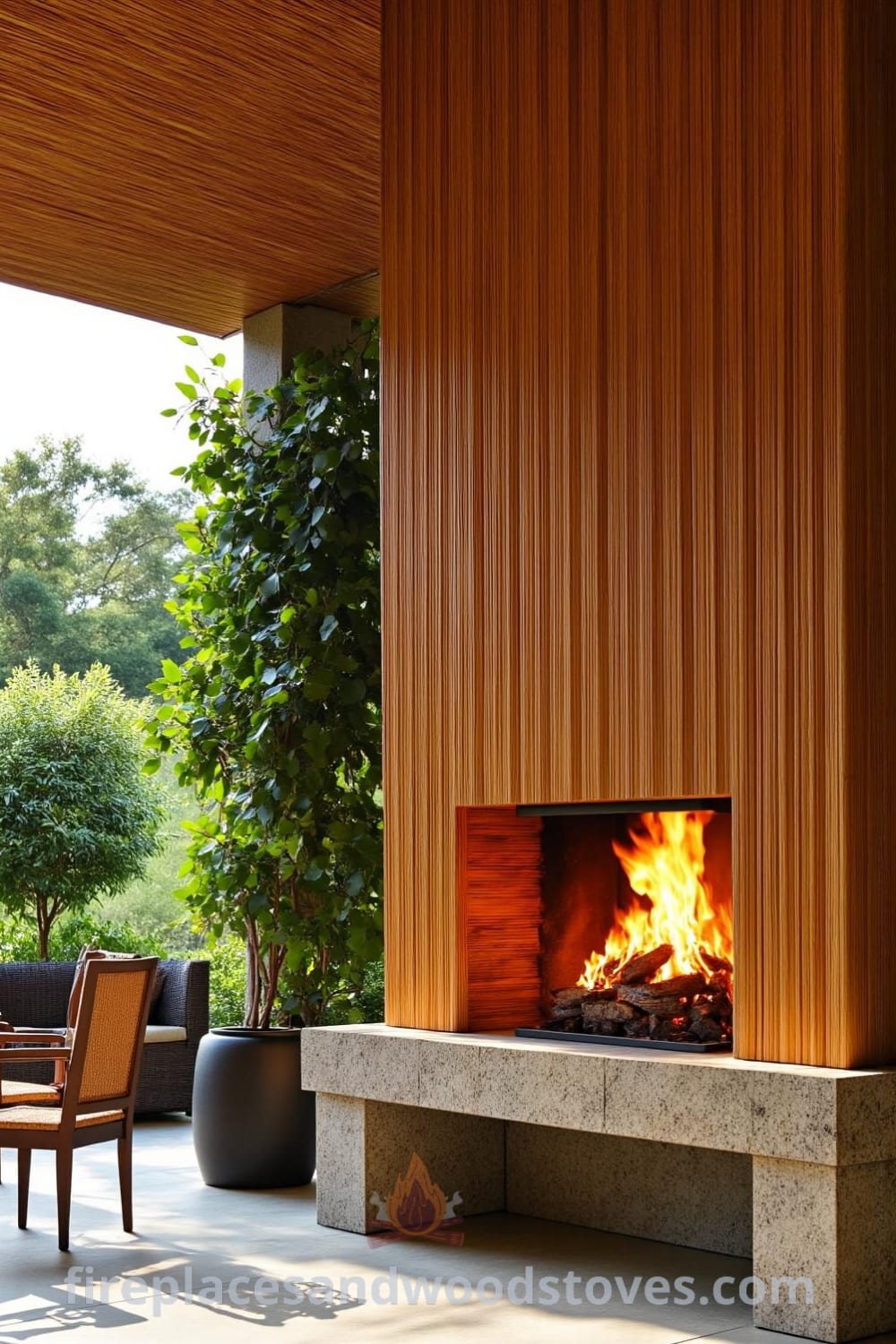 Tropical bamboo barbecue fireplace on a sunlit patio, featuring flames crackling cheerfully, surrounded by lush greenery, handcrafted stone accents, and inviting mismatched chairs, illustrating cozy design ideas for inspiring outdoor gatherings at fireplacesandwoodstoves.com.