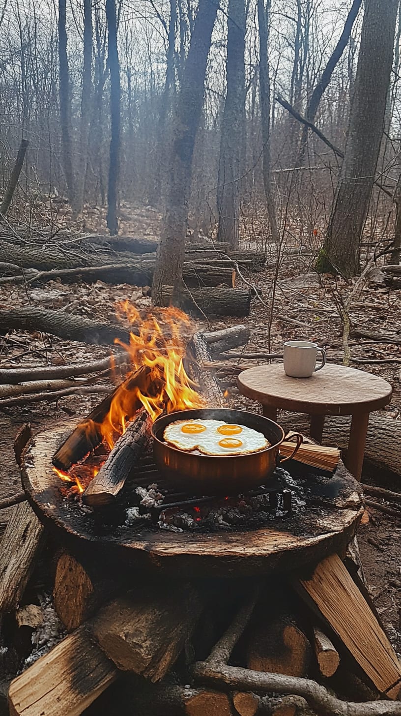 A cozy campfire scene with fried eggs cooking over an open fire in the woods, surrounded by wooden tables and nature.