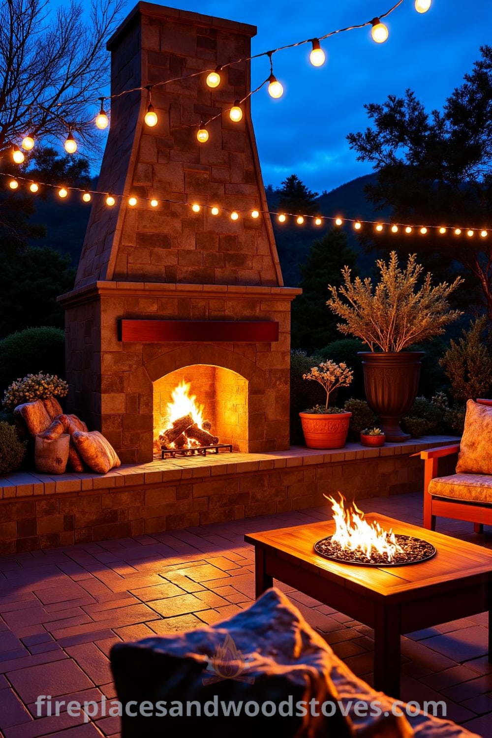Sunken patio with a rough stone fireplace at its center, surrounded by weathered wooden seating and twinkling overhead lights, creating a cozy and inviting atmosphere perfect for gatherings, showcasing unique ideas for your home at fireplacesandwoodstoves.com.