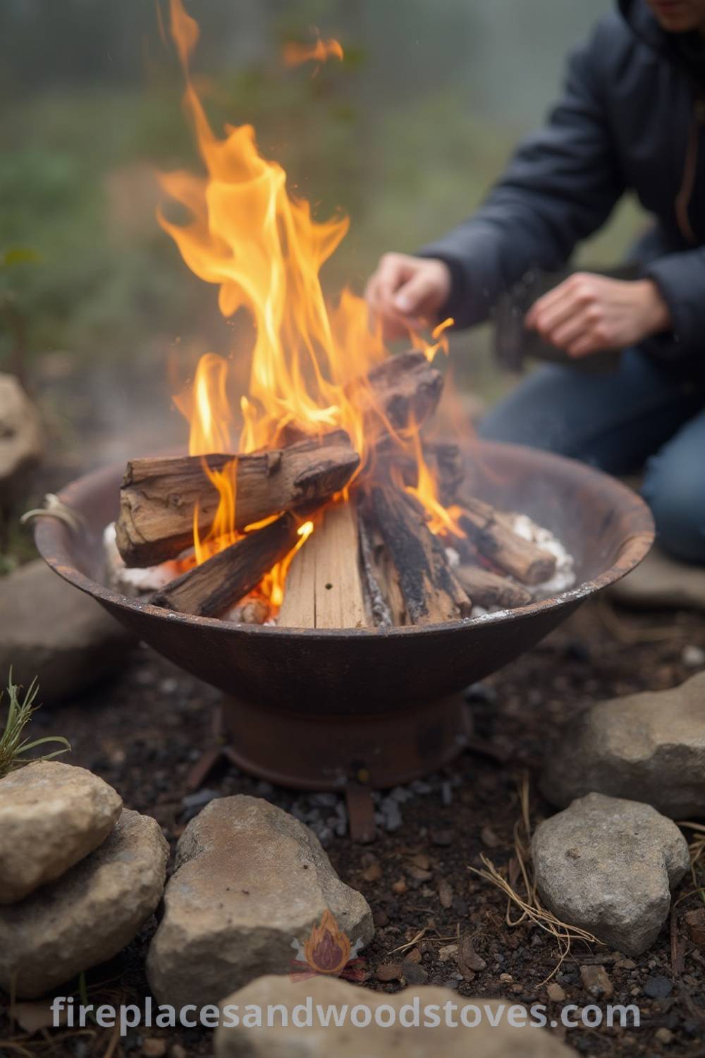 A portable fire pit surrounded by wax-infused fire starters, dry tinder, and rocks for insulation, with a person preparing to start the fire in a breezy outdoor setting.
