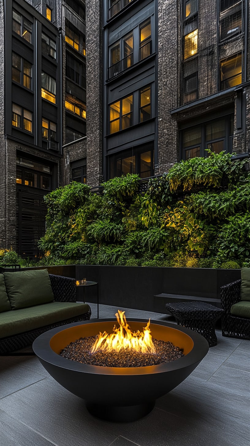 A beautifully designed outdoor courtyard featuring lush greenery, modern seating, and a warm fire pit, set against an urban backdrop of tall buildings.