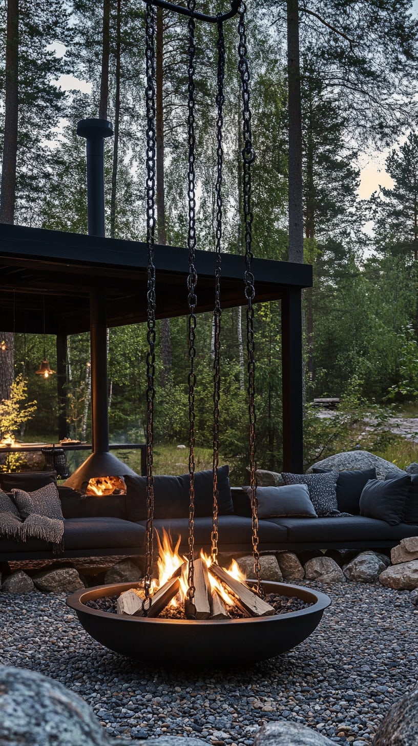 A black steel suspended fire pit with chains, surrounded by outdoor seating in a Scandinavian forest setting near a modern cabin.