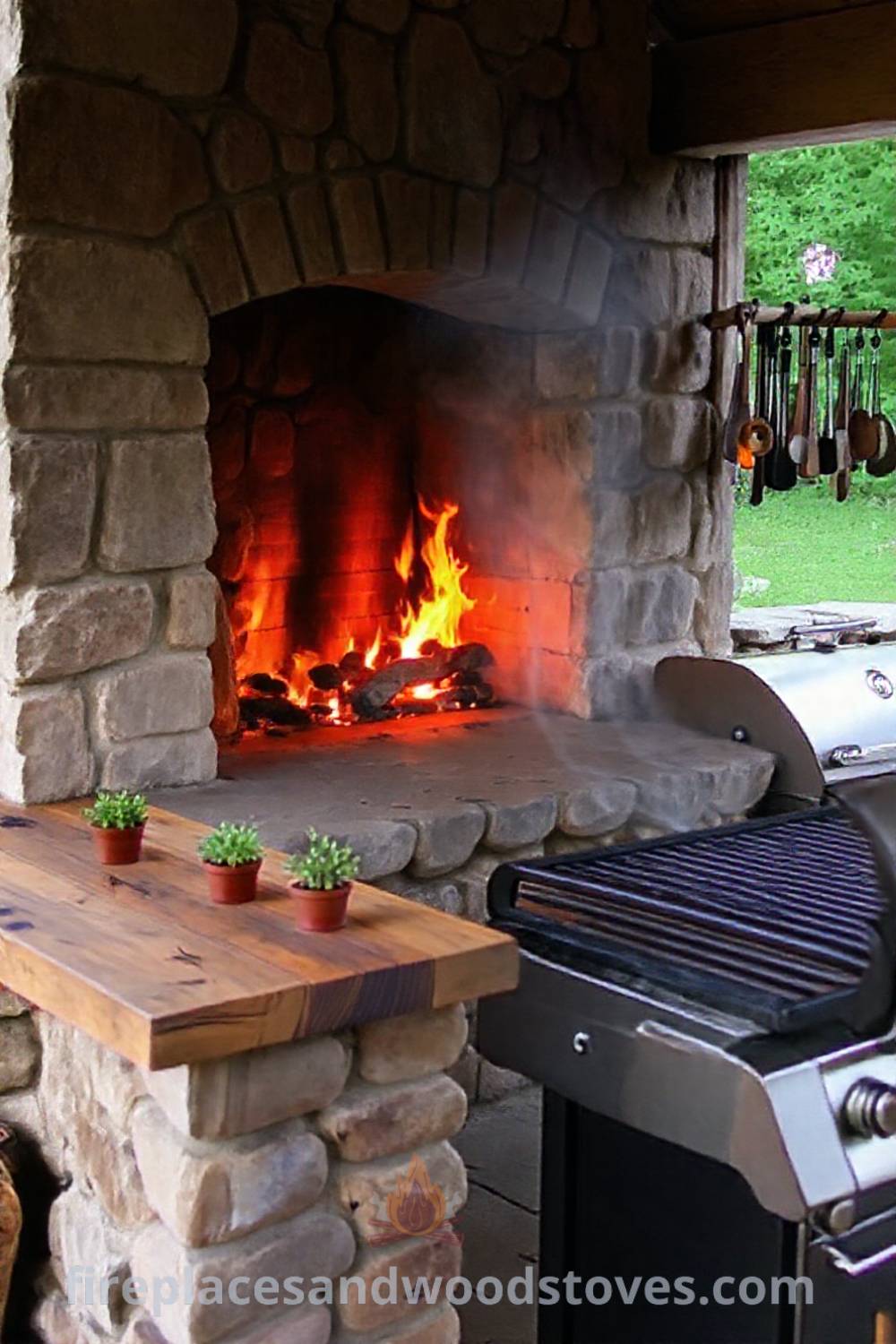 Outdoor kitchen featuring a wood-burning fireplace made of rough-hewn stones, reclaimed wood countertop with herbs, grilling tools, and a warm atmosphere ideal for gatherings, showcasing incredible ideas for transforming your backyard. Visit patioandhomefurniture.com for stylish outdoor inspiration.