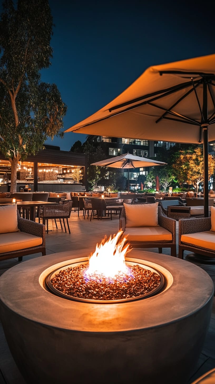 An outdoor fire pit surrounded by comfortable seating and warm lighting, set in a cozy dining area at night, with a modern hotel building in the background.