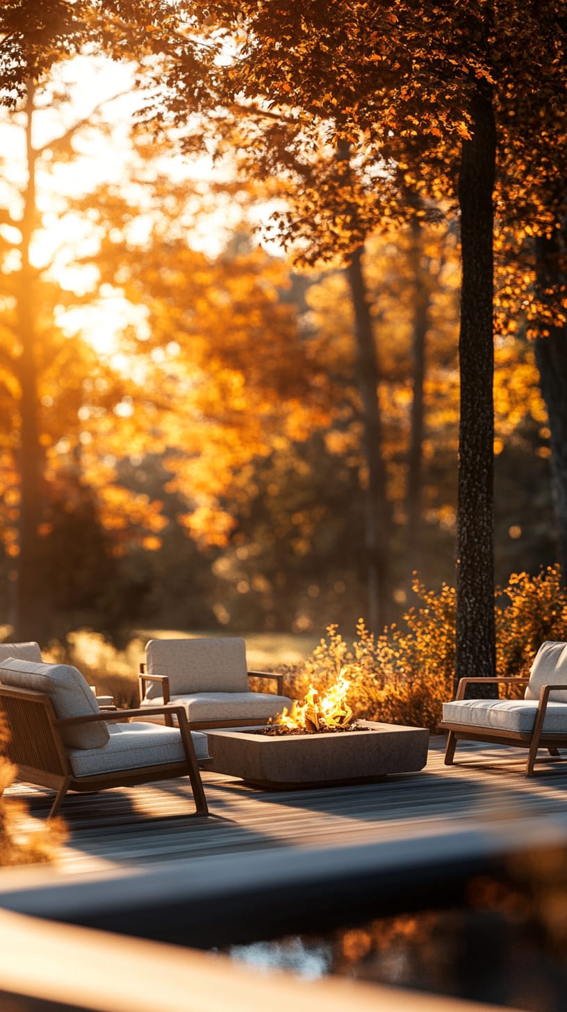 A modern outdoor seating area featuring comfortable chairs around an elegant fire pit, surrounded by autumn trees and bathed in golden sunset light.