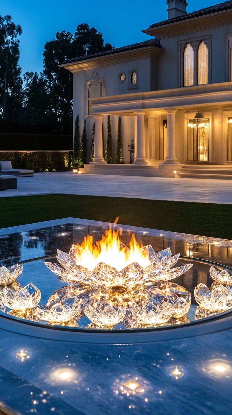 A luxurious outdoor setting featuring a crystal lotus fire pit surrounded by a reflecting pool, illuminated at night outside an opulent mansion, creating a warm and inviting atmosphere.