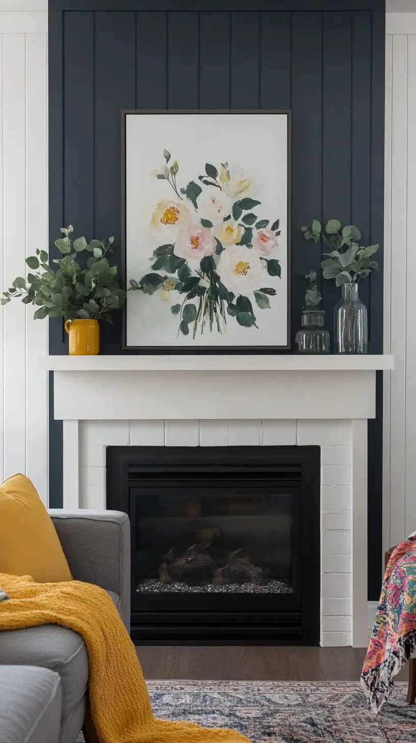A large floral painting above a white fireplace, accented by navy blue shiplap walls and vintage yellow decorations, creating an elegant living room atmosphere.