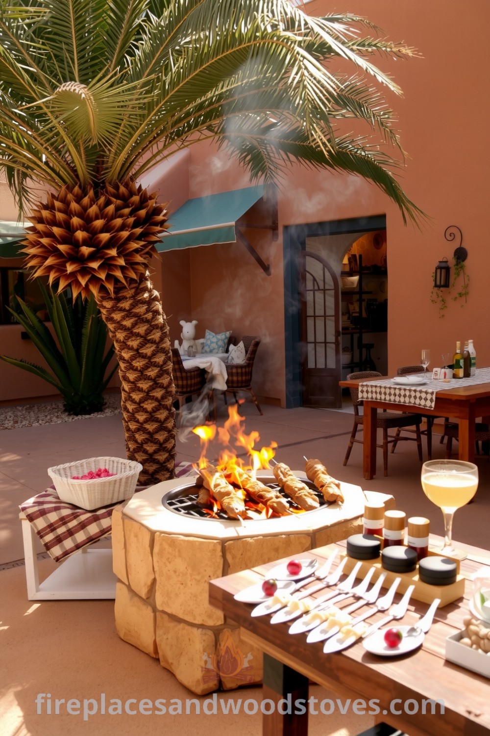 Sandstone base barbecue under a palm tree in a sun-soaked desert courtyard with skewers and seasonings on a rustic wooden table, creating a cozy and inviting atmosphere perfect for gatherings; inspiring ideas for outdoor cooking are showcased at fireplacesandwoodstoves.com.