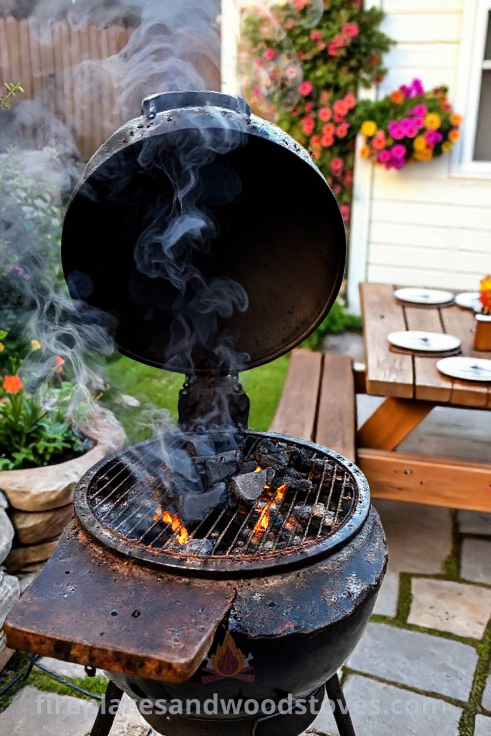 Classic charcoal grill barbecue on a stone patio surrounded by colorful flowers and a picnic table set for outdoor dining, creating a cozy backyard atmosphere perfect for gatherings. Visit patioandhomefurniture.com for incredible ideas that will wow your guests.