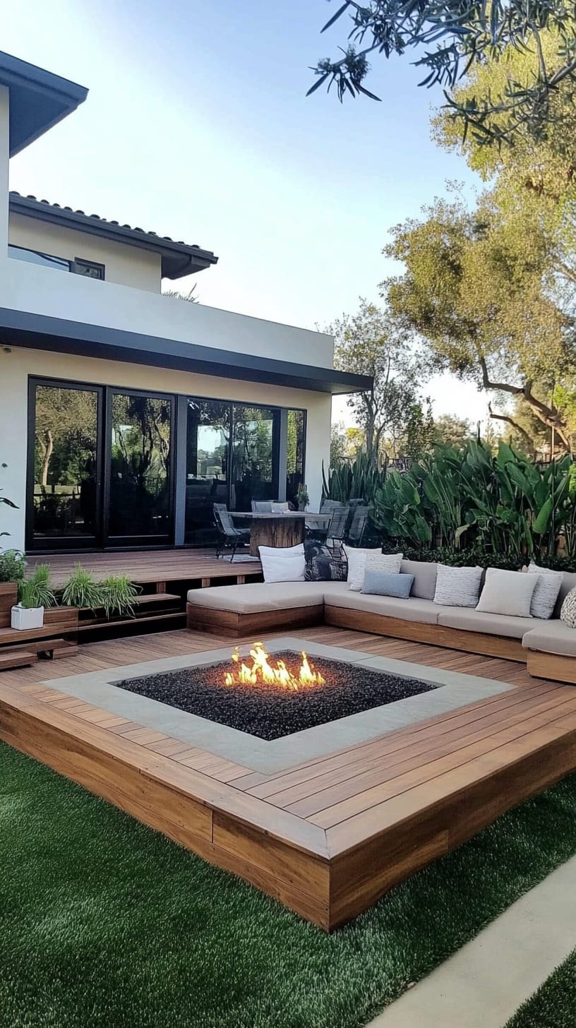 A modern outdoor fire pit surrounded by comfortable seating on a wooden deck, with green grass and a contemporary house in the background.