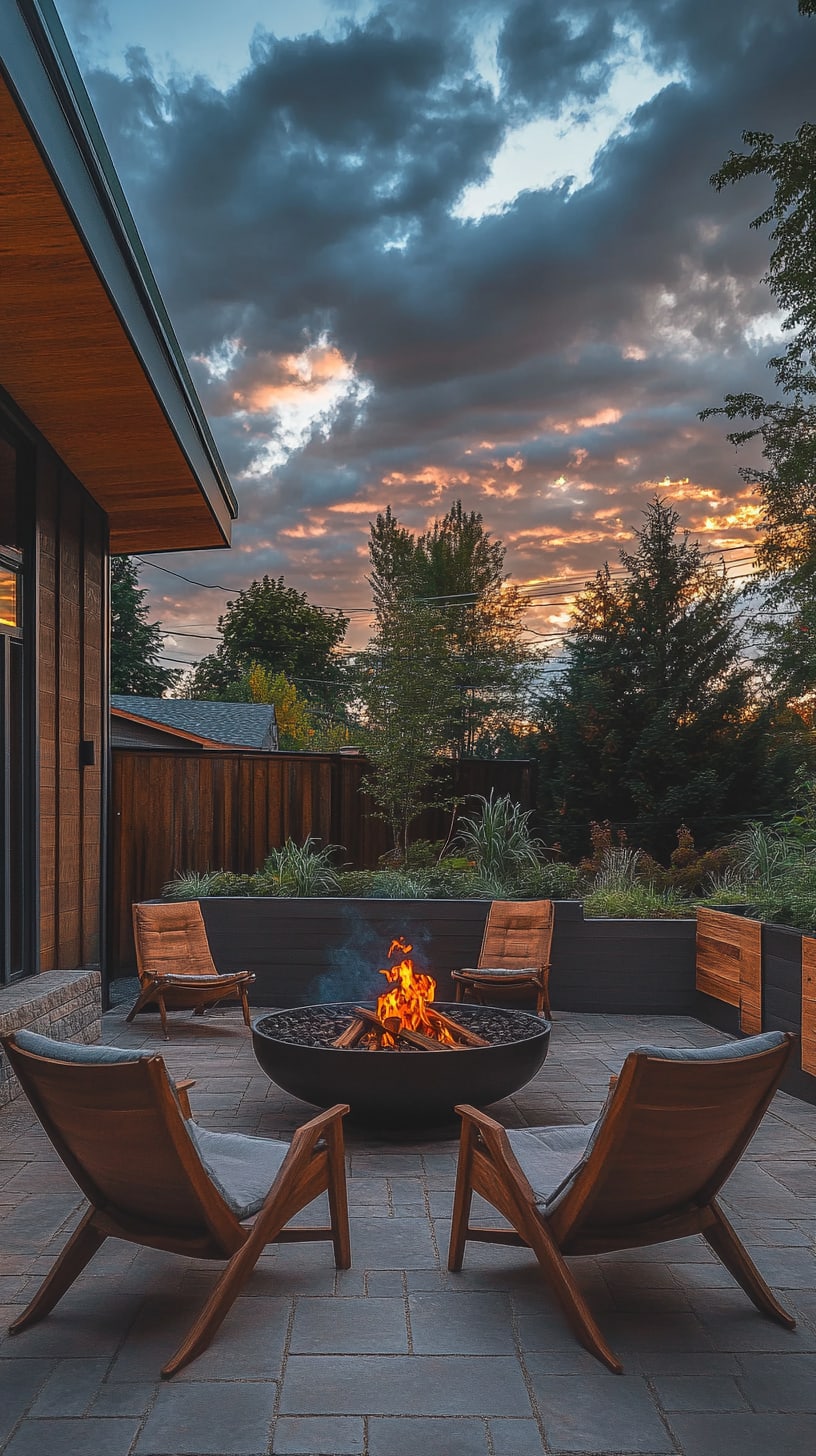 A modern patio with a fire pit and wooden chairs, set against a backdrop of a cloudy sunset sky and surrounded by trees.