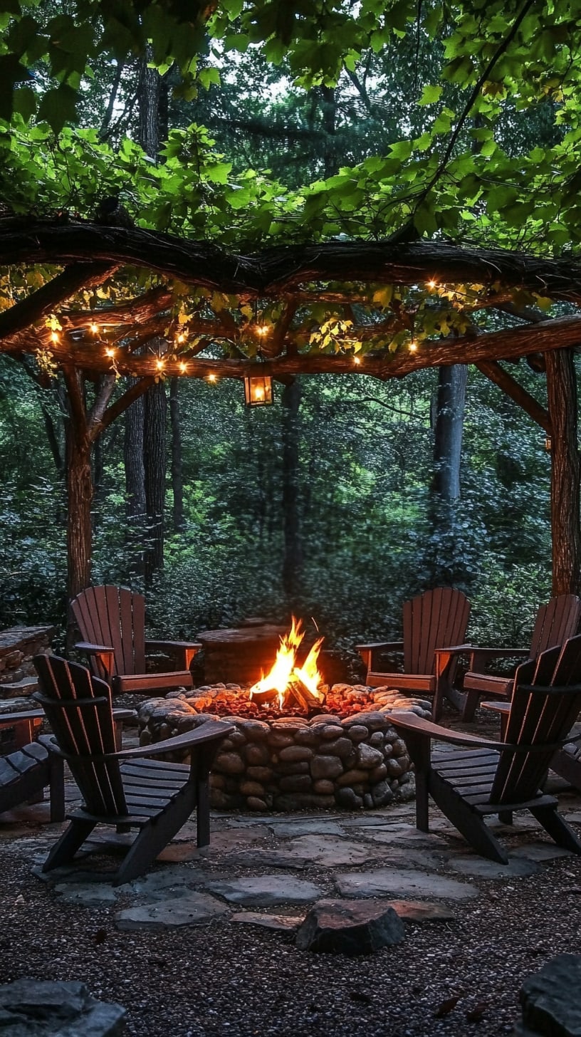 A cozy fire pit surrounded by Adirondack chairs under an arbor with hanging lights, set in a forest at night, creating an inviting atmosphere.