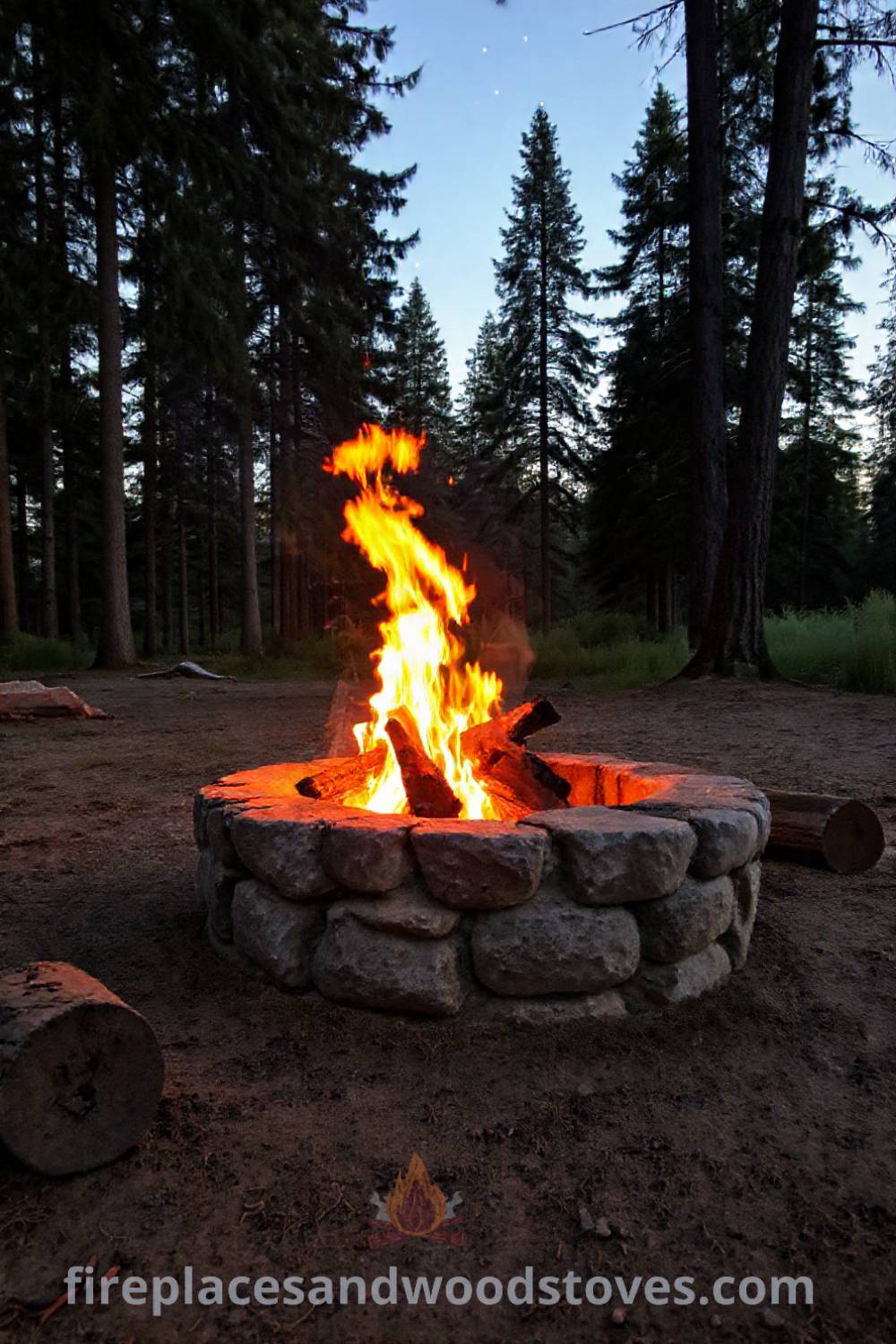 Stone camping fire pit in a forest clearing surrounded by tall trees, creating a cozy atmosphere for outdoor gatherings with warm flames and rustic logs. Visit patioandhomefurniture.com for incredible ideas that will wow your guests and transform your backyard.