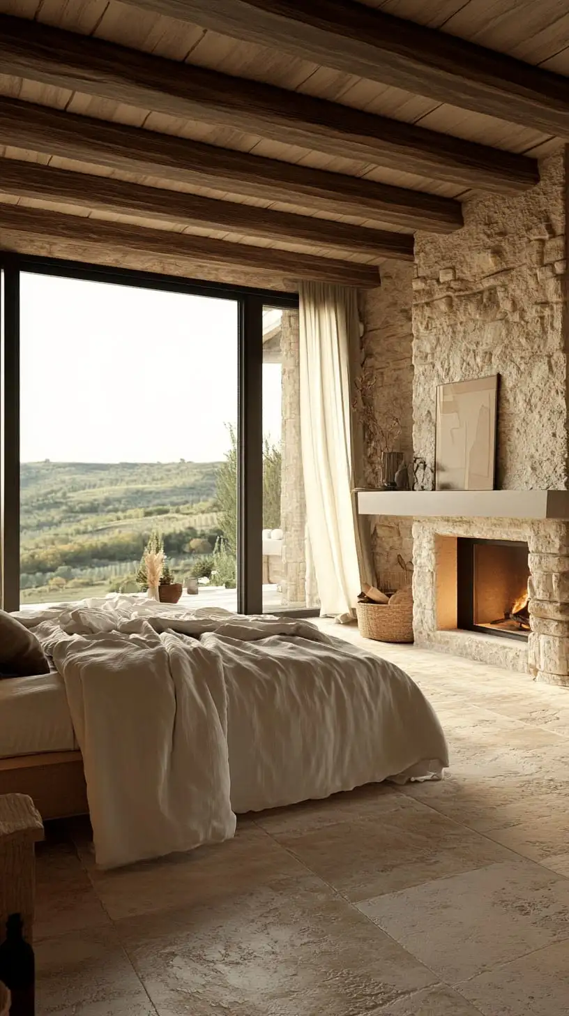 A beautifully designed rustic bedroom featuring natural stone walls, large windows, beige linens, and minimalistic decor, creating a cozy and inviting atmosphere.