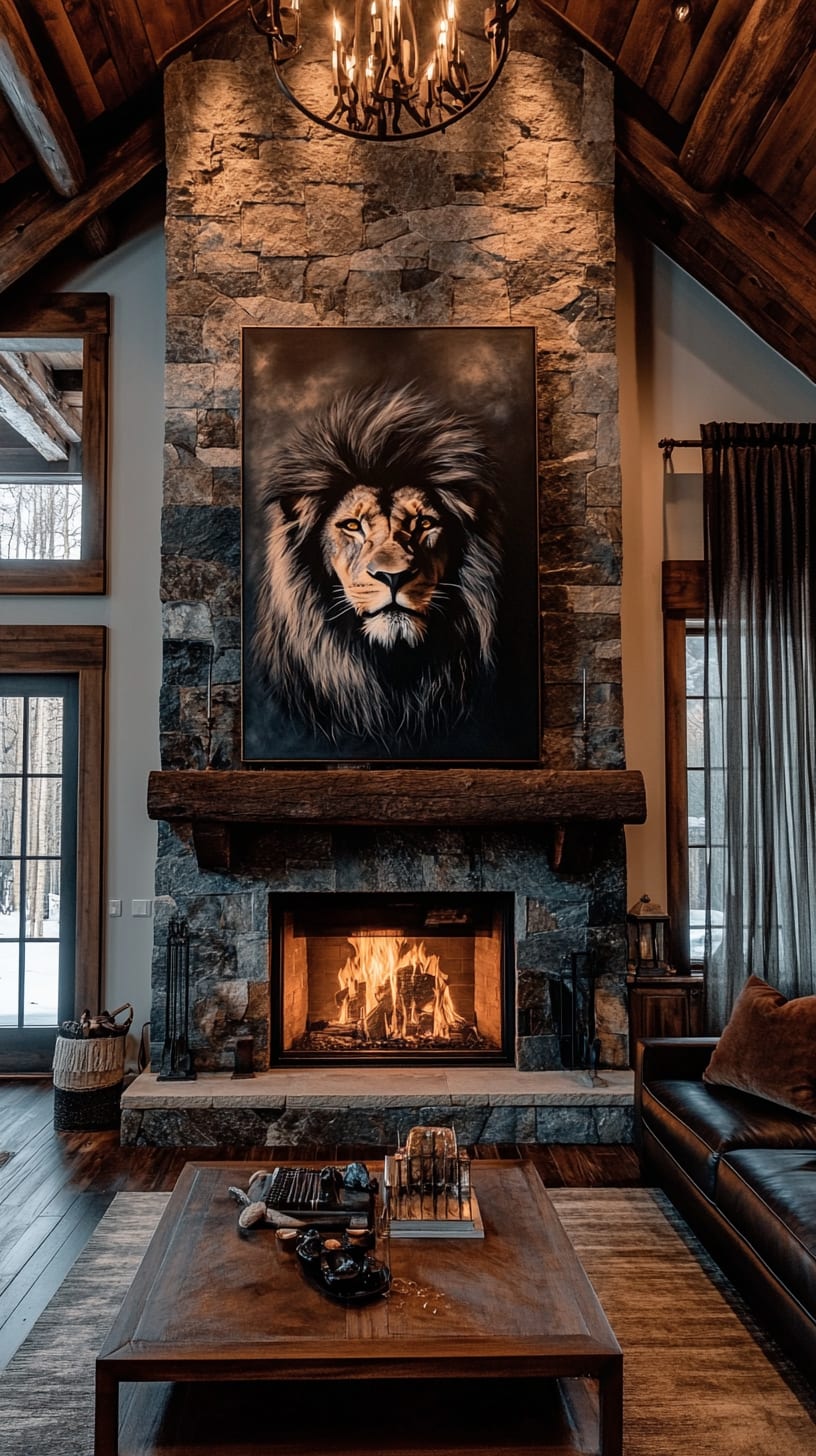 A large lion painting above a fireplace in a rustic cabin featuring dark wood furniture and warm lighting.