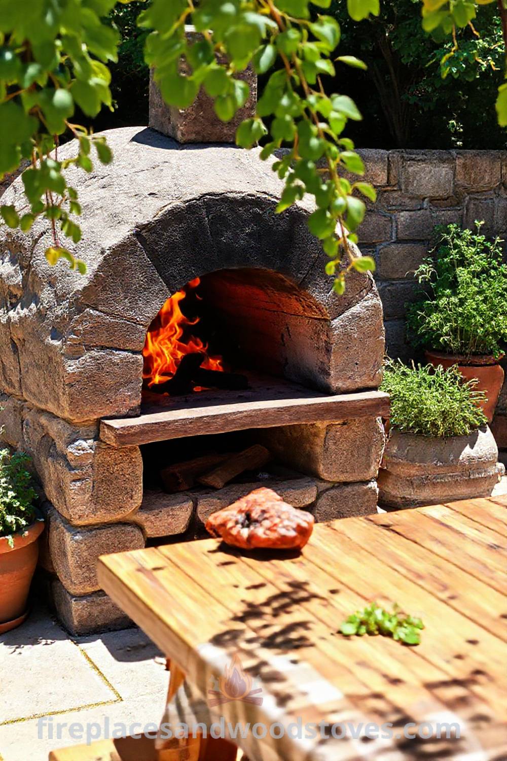 Robust stone BBQ oven on a sun-drenched patio with flickering flames, wooden picnic table, and potted herbs creating a cozy outdoor atmosphere, ideal for gatherings with loved ones. Visit patioandhomefurniture.com for stylish ideas transforming your backyard.